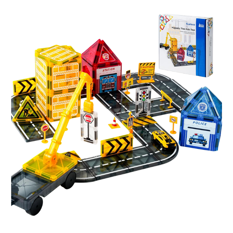 Magnatiles for Kids Ages 4-8,55 PCS STEM Engineering Toys with Crane,Magnetic Tiles Road Set Cars & Stations,Magnetic Building Blocks for Boys & Girls Ages 3 4 5 6 Birthday Gifts