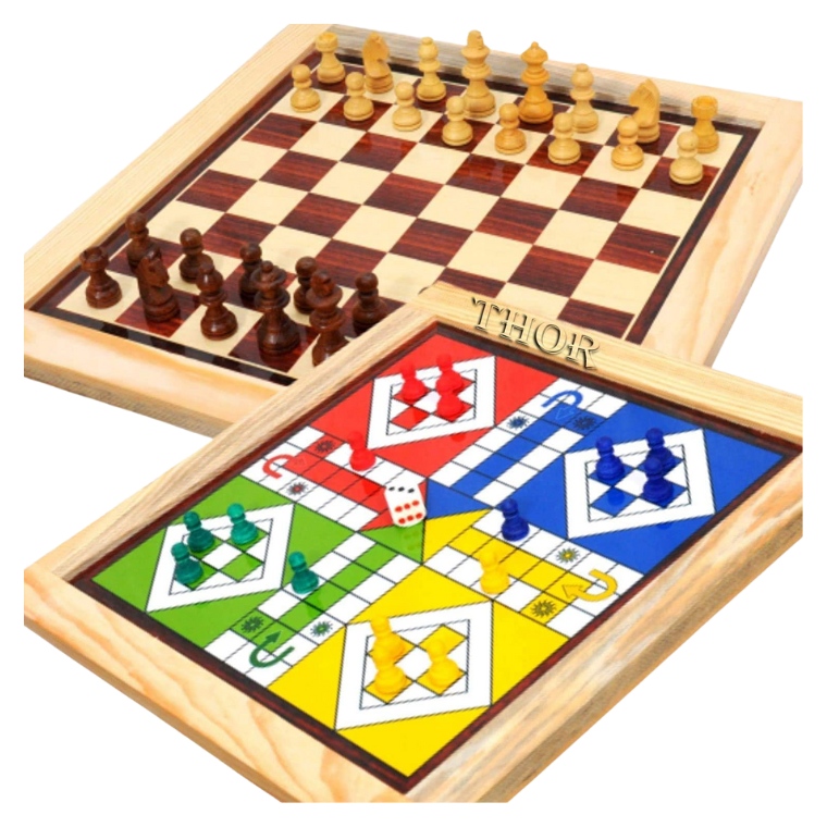 Handmade Classic Wooden 2 in 1 Ludo Magnetic and Chess Armory Board Game 13" Rustic Vintage Home Decor Gifts
